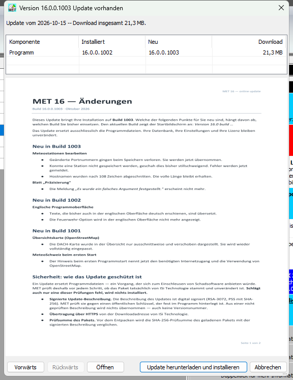 Der Updatedialog mit Komponenten und Änderungsdokument